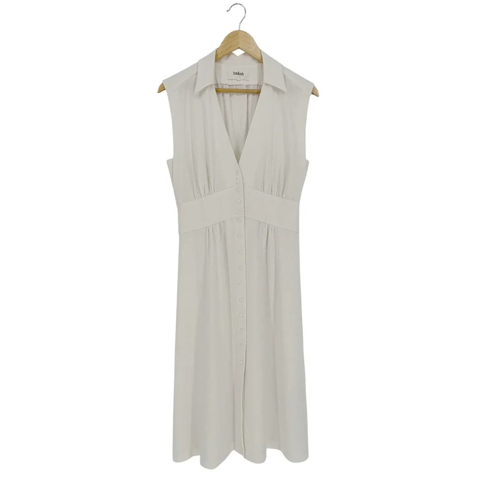 ba&sh‎ Lady Dress Women XS Off-White Sleeveless Button Front Midi Parisian Chic